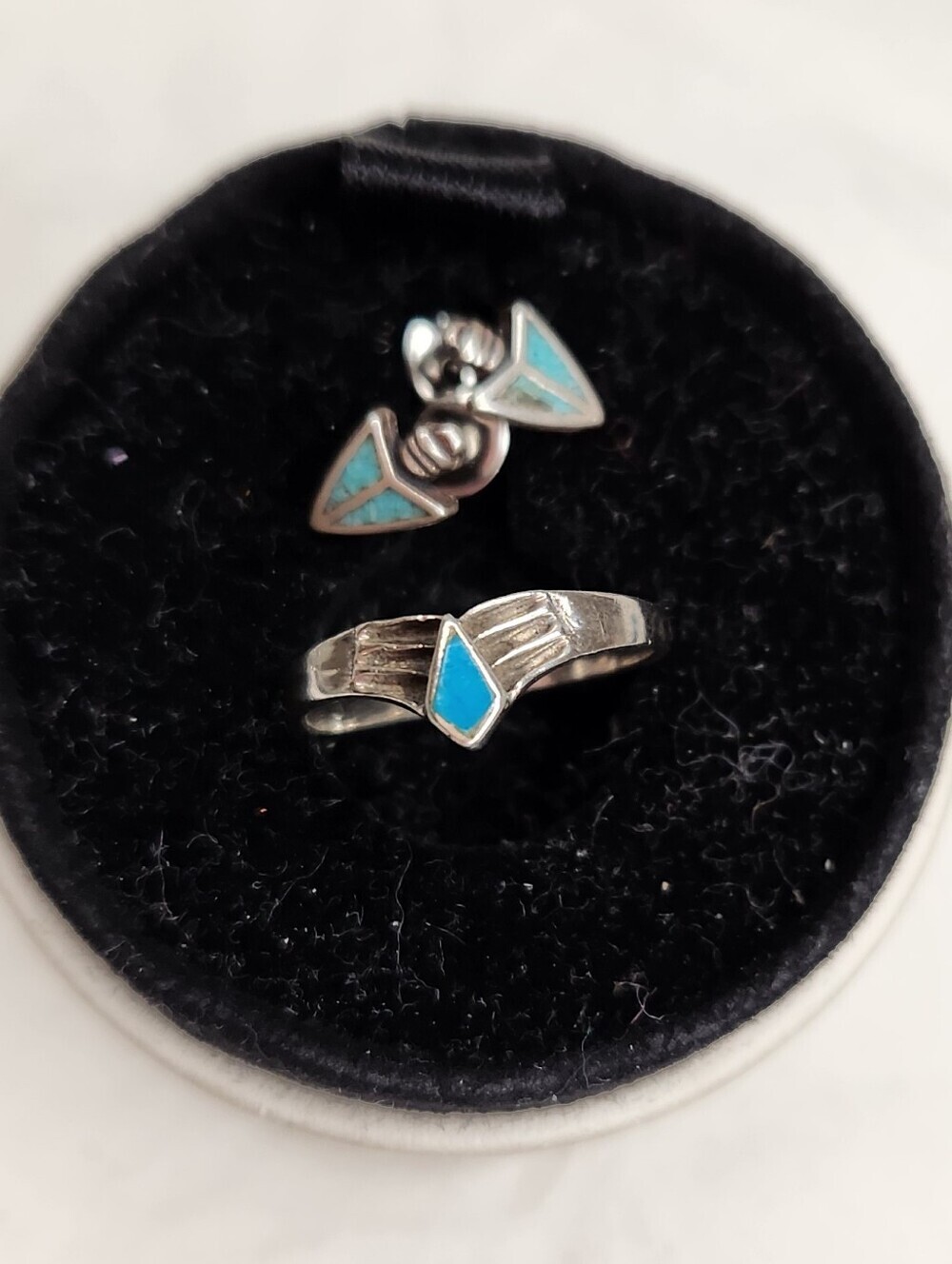 Silver Turquoise Navajo South Western Pinky Ring & Earrings